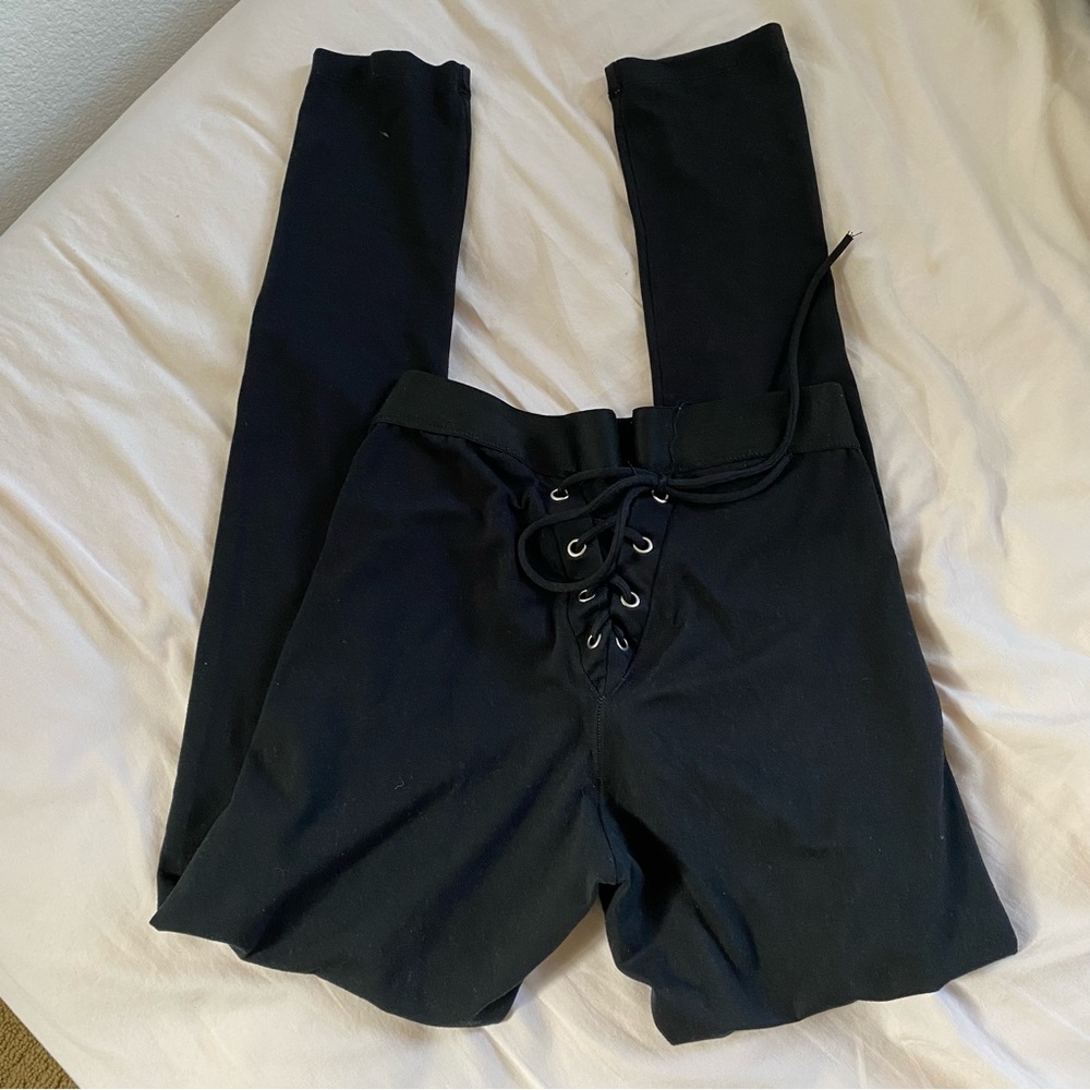 Black Leggings Pants w Criss Cross Tie Up Back Detail